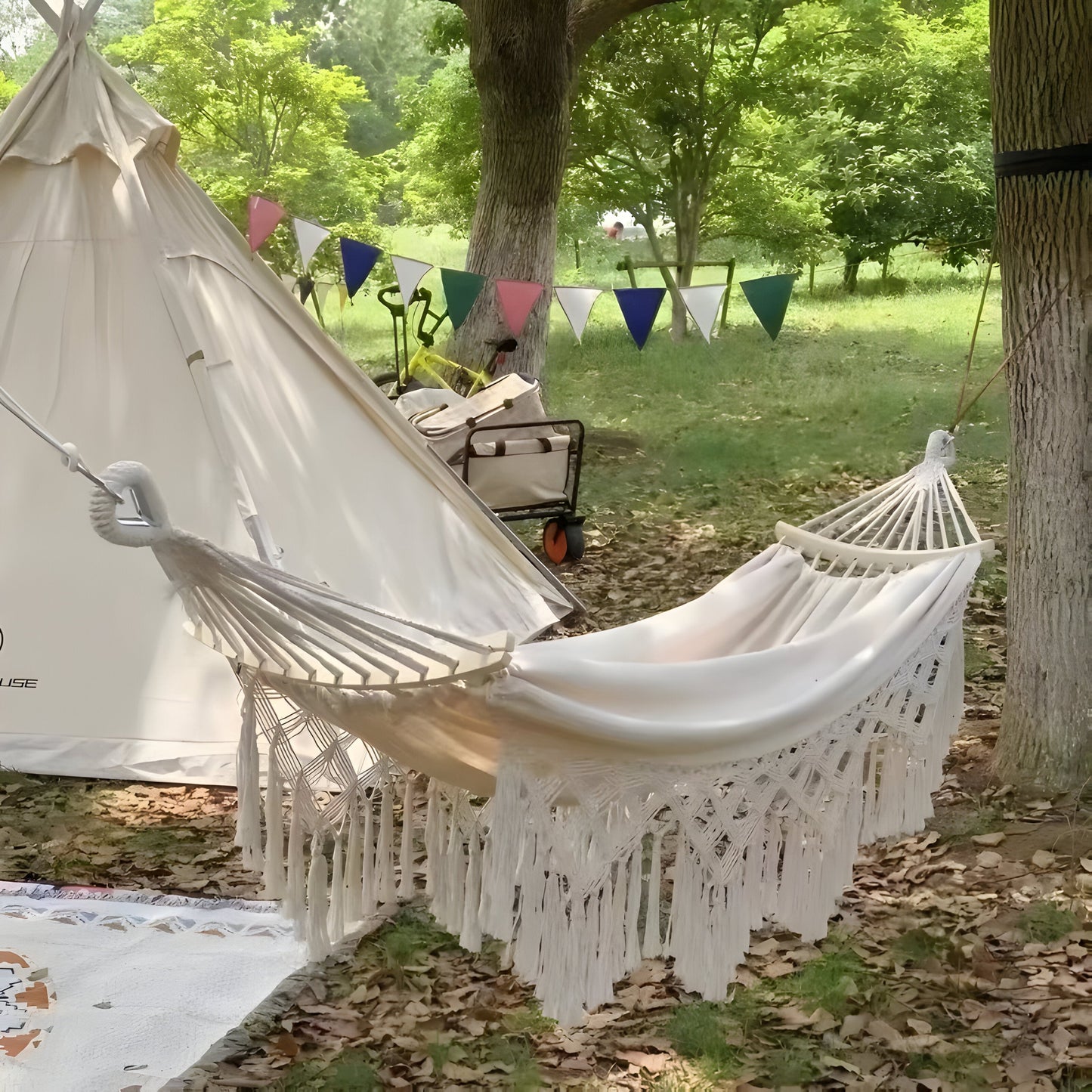 Hangmat voor Buiten met Franjes en Spreidstokken voor Tuin en Camping