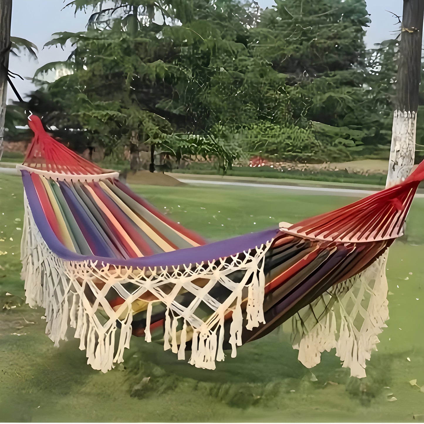 Hangmat voor Buiten met Franjes en Spreidstokken voor Tuin en Camping