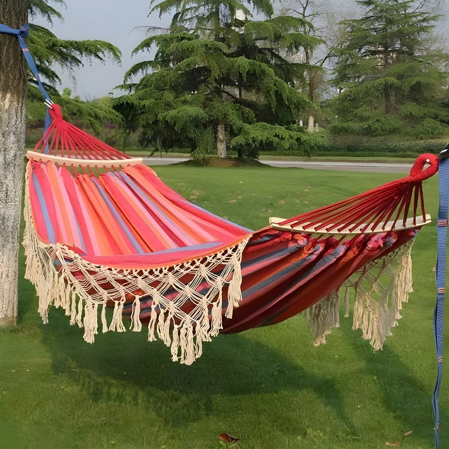 Hangmat voor Buiten met Franjes en Spreidstokken voor Tuin en Camping