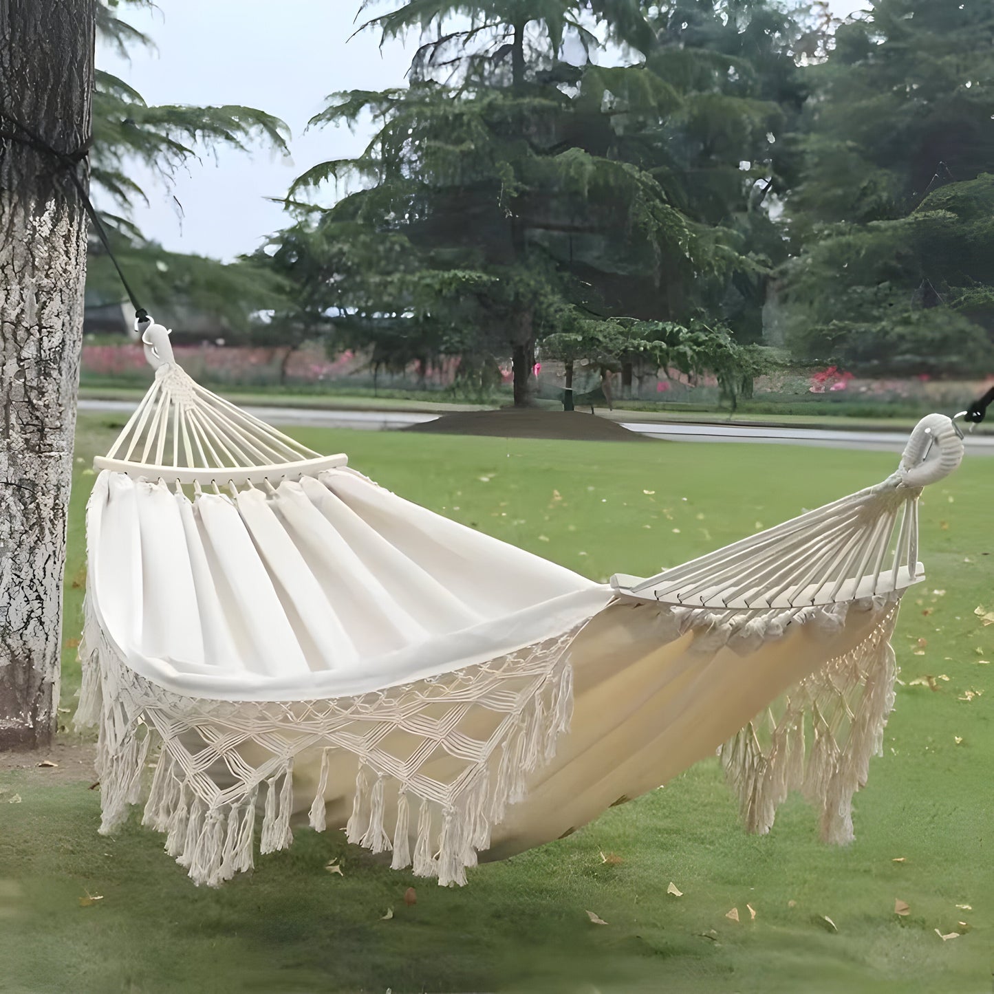 Hangmat voor Buiten met Franjes en Spreidstokken voor Tuin en Camping