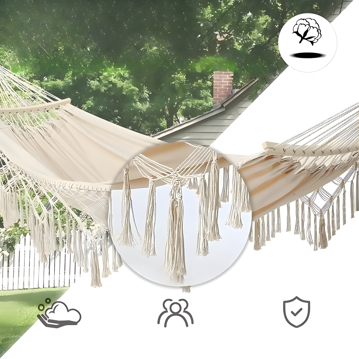 Hangmat voor Buiten met Franjes en Spreidstokken voor Tuin en Camping