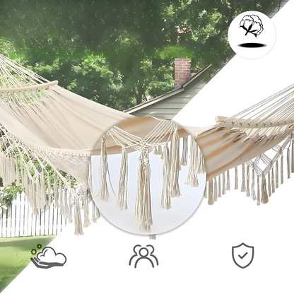 Hangmat voor Buiten met Franjes en Spreidstokken voor Tuin en Camping
