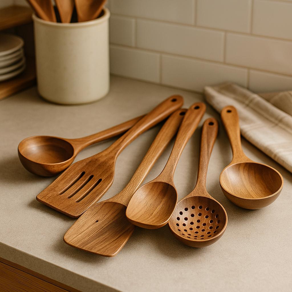 Houten Keukengerei Set met Spatel, Soeplepel en Schuimspaan