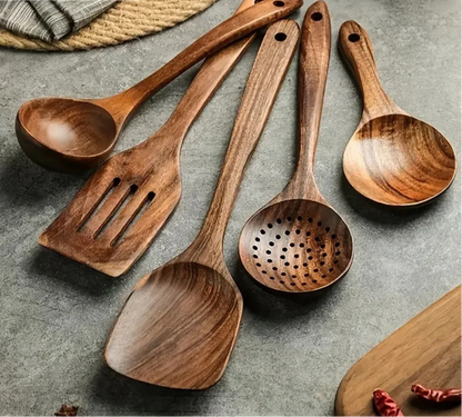 Houten Keukengerei Set met Spatel, Soeplepel en Schuimspaan