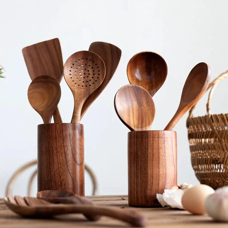 Houten Keukengerei Set met Spatel, Soeplepel en Schuimspaan