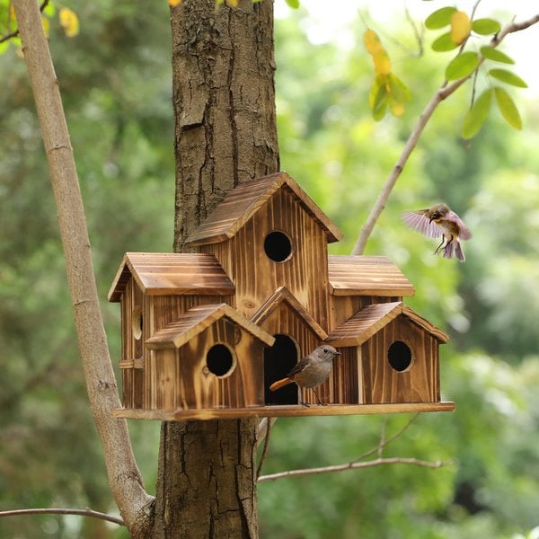Houten Vogelhuisje met 6 Ingangen voor Buiten Rustiek Hangend Nestkastje