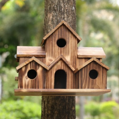 Houten Vogelhuisje met 6 Ingangen voor Buiten Rustiek Hangend Nestkastje