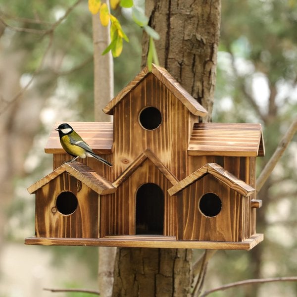 Houten Vogelhuisje met 6 Ingangen voor Buiten Rustiek Hangend Nestkastje