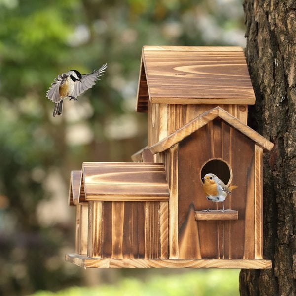 Houten Vogelhuisje met 6 Ingangen voor Buiten Rustiek Hangend Nestkastje
