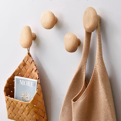Houten Wandhaken Set met Ronde Kiezelvorm voor Jassen en Tassen