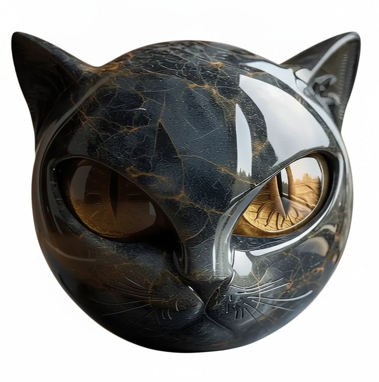 Kattenkop Beeld met Marmerprint en Expressieve Ogen