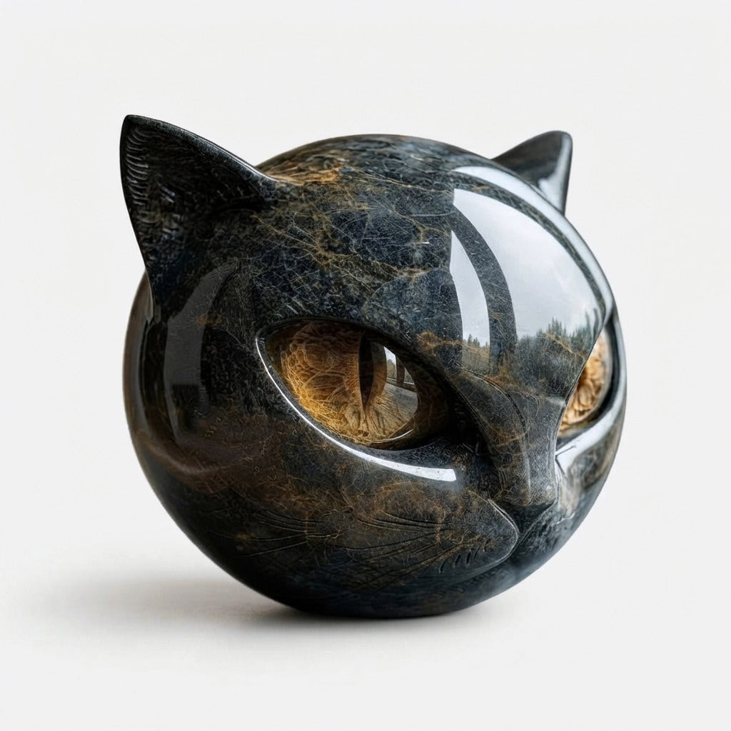 Kattenkop Beeld met Marmerprint en Expressieve Ogen ##POS:10##