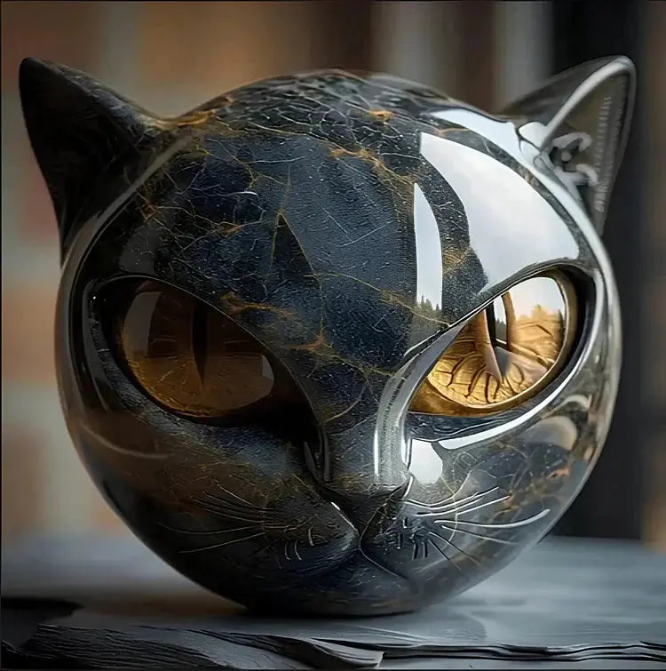 Kattenkop Beeld met Marmerprint en Expressieve Ogen