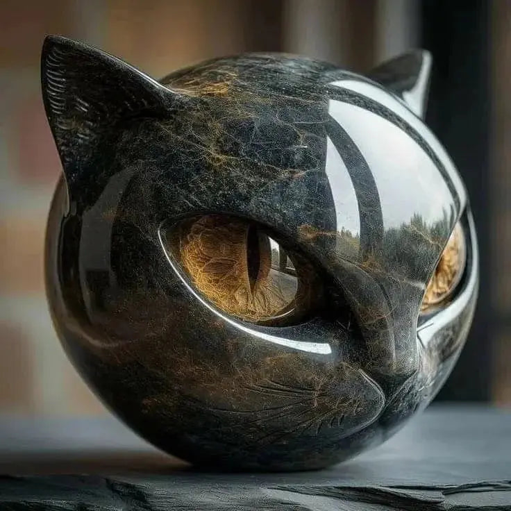 Kattenkop Beeld met Marmerprint en Expressieve Ogen