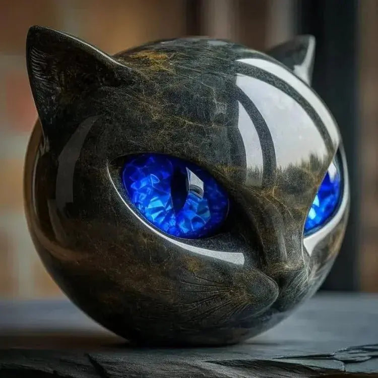 Kattenkop Beeld met Marmerprint en Expressieve Ogen