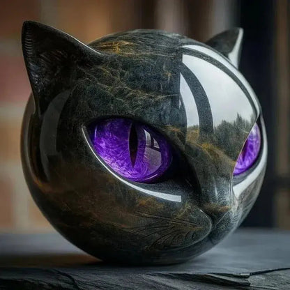 Kattenkop Beeld met Marmerprint en Expressieve Ogen