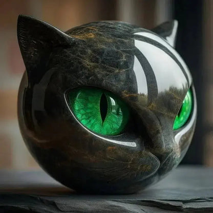 Kattenkop Beeld met Marmerprint en Expressieve Ogen