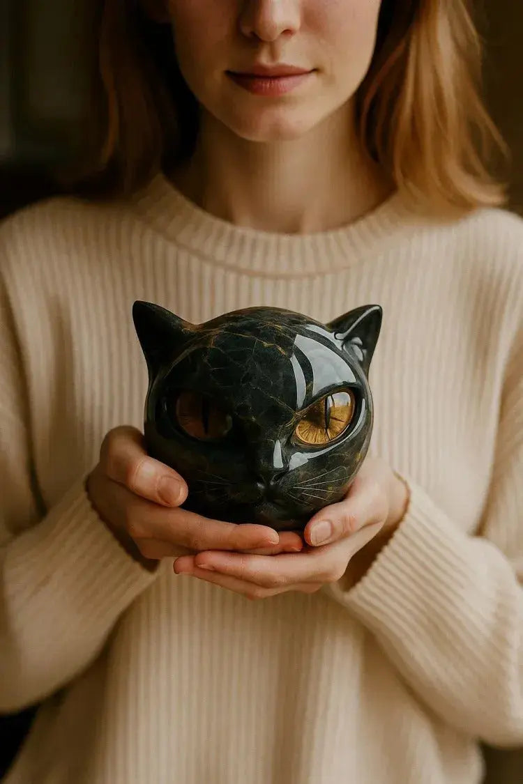 Kattenkop Beeld met Marmerprint en Expressieve Ogen