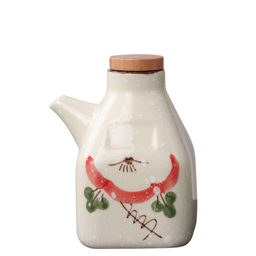 Keramische Olie- en Sausfles met Houten Dop en Aziatisch Motief ##POS:15##