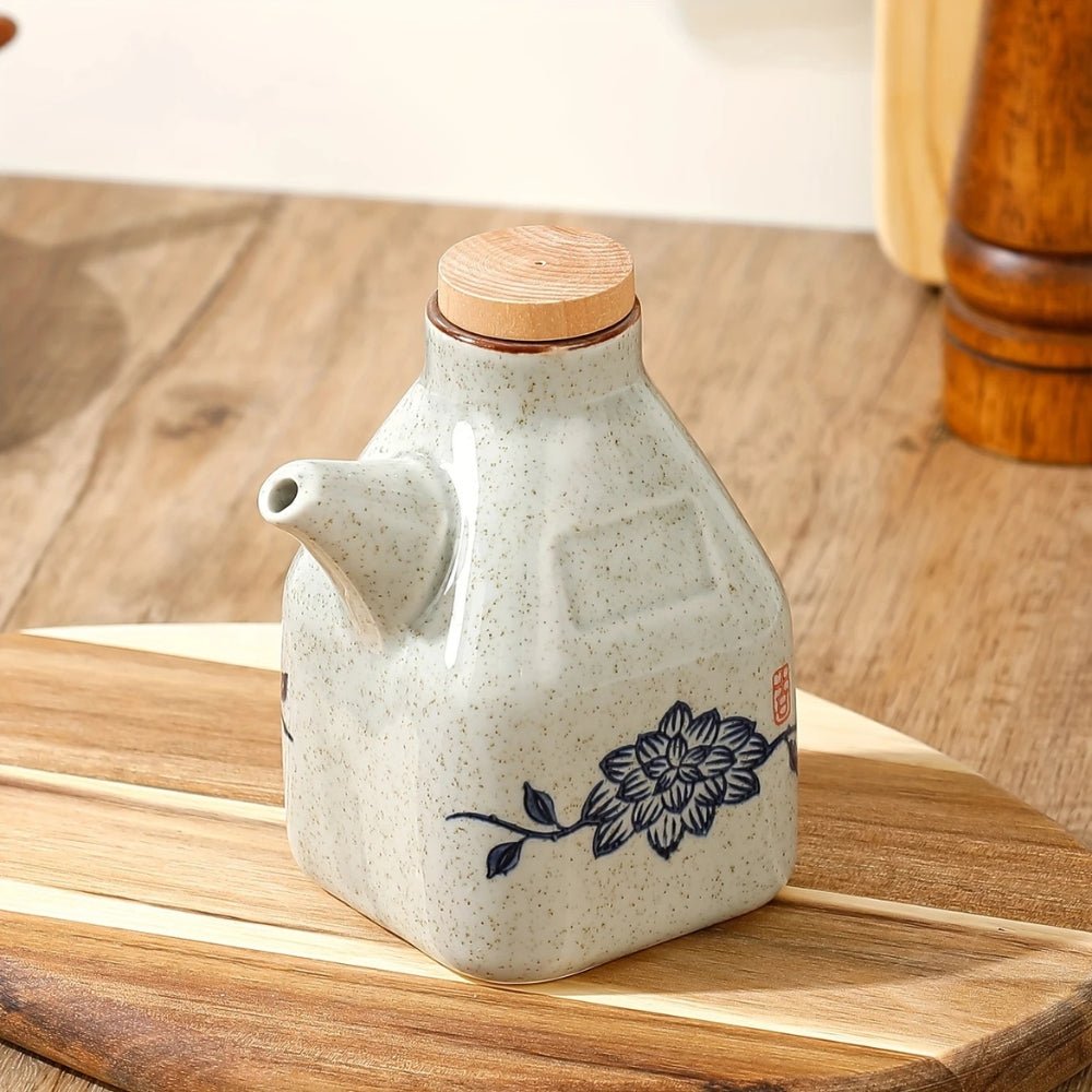 Keramische Olie- en Sausfles met Houten Dop en Aziatisch Motief ##POS:2##