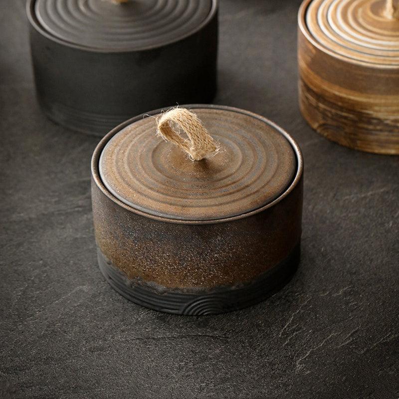 Keramische Voorraadpot met Deksel en Touwgreep, Japanse Wabi-Sabi Stijl