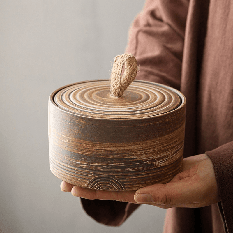 Keramische Voorraadpot met Deksel en Touwgreep, Japanse Wabi-Sabi Stijl