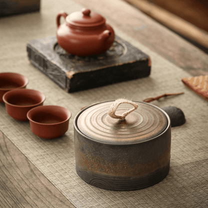 Keramische Voorraadpot met Deksel en Touwgreep, Japanse Wabi-Sabi Stijl