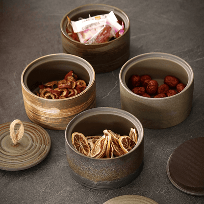 Keramische Voorraadpot met Deksel en Touwgreep, Japanse Wabi-Sabi Stijl