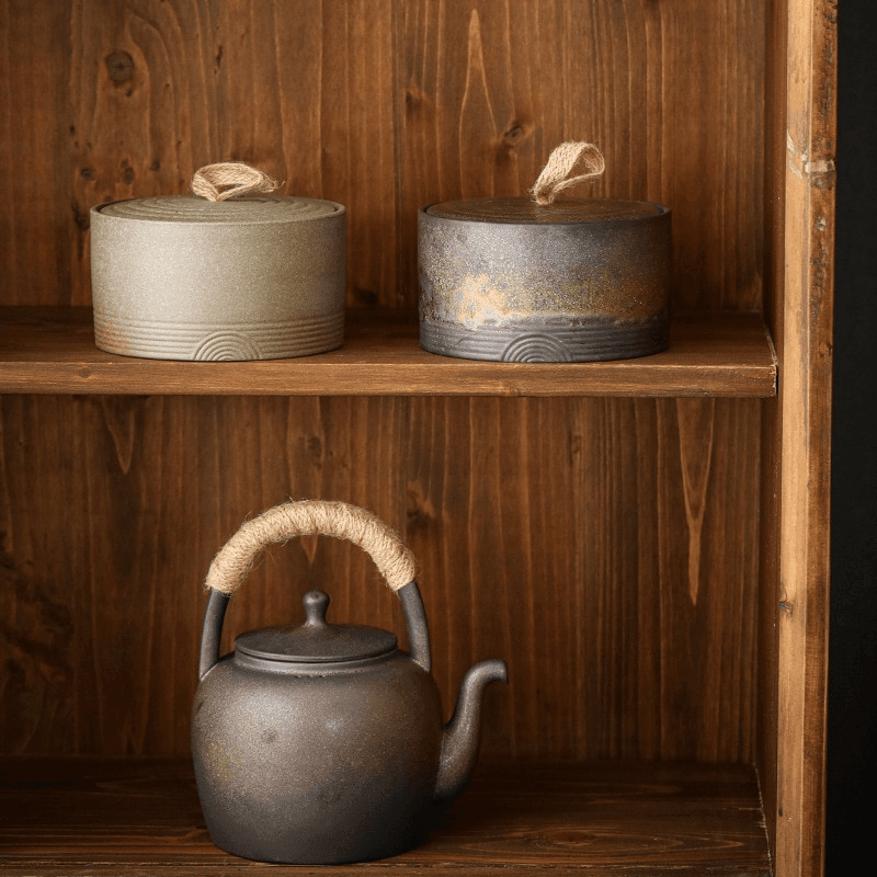 Keramische Voorraadpot met Deksel en Touwgreep, Japanse Wabi-Sabi Stijl