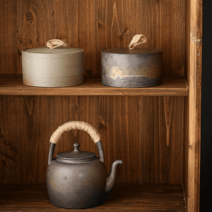 Keramische Voorraadpot met Deksel en Touwgreep, Japanse Wabi-Sabi Stijl