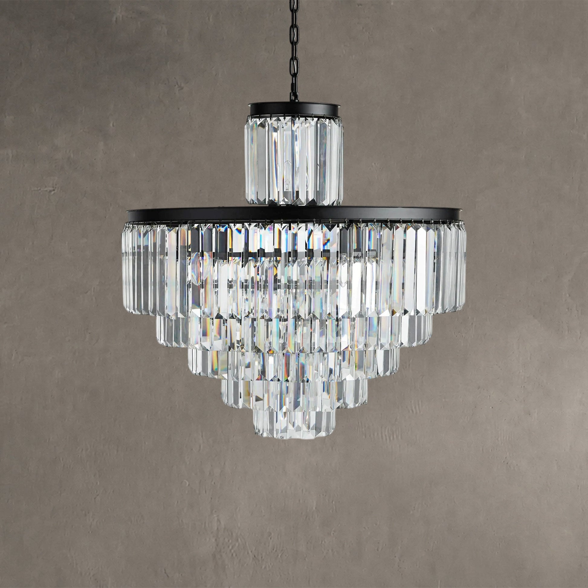 Kristallen Kroonluchter Art Deco met Gelaagde Glazen Prisma's en Ketting