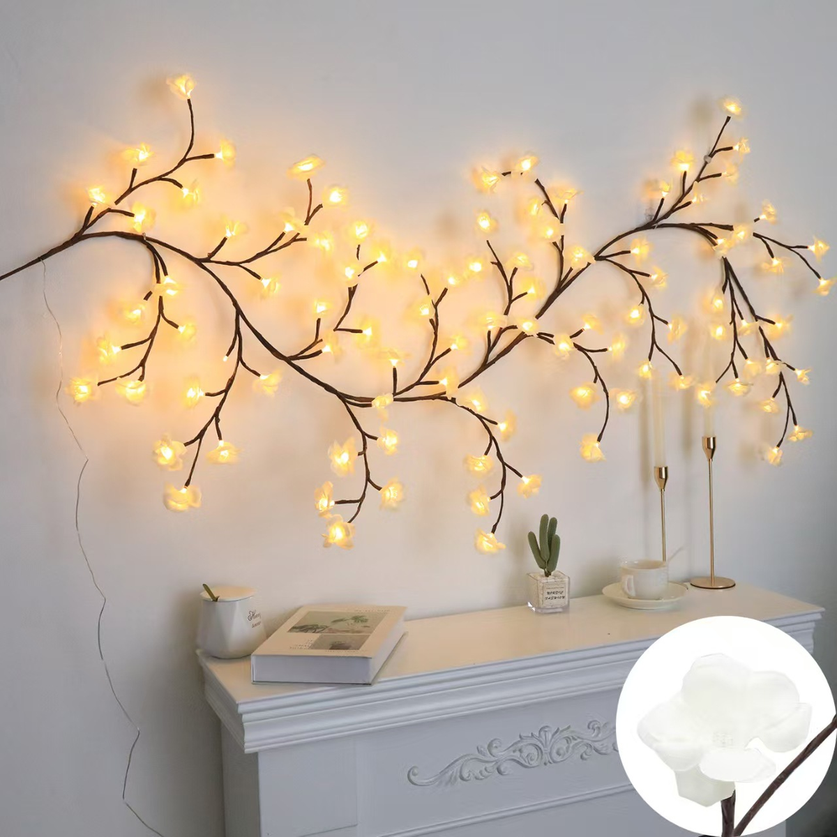 LED Bloesemtak Wanddecoratie met Warm Licht en Kunstbloemen