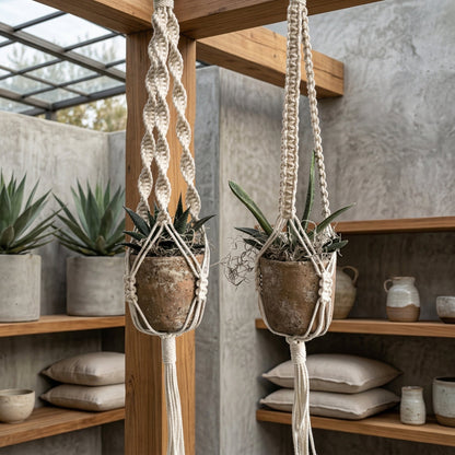 Macramé Plantenhanger Bohemian met Gevlochten Touwpatroon