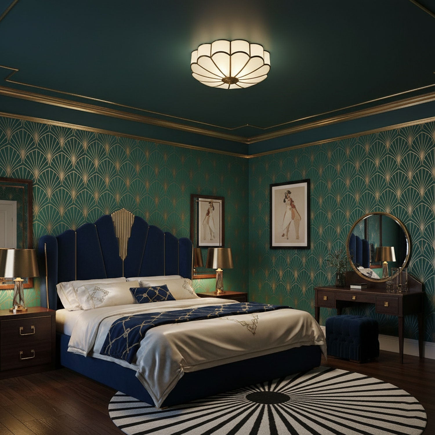 Plafondlamp Art Deco met Bloemblaadjes Kap en Messing Rand