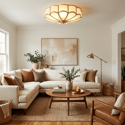 Plafondlamp Art Deco met Bloemblaadjes Kap en Messing Rand