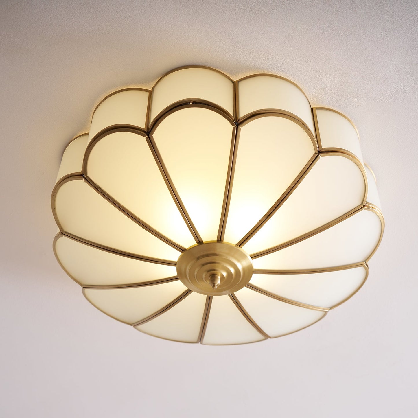 Plafondlamp Art Deco met Bloemblaadjes Kap en Messing Rand