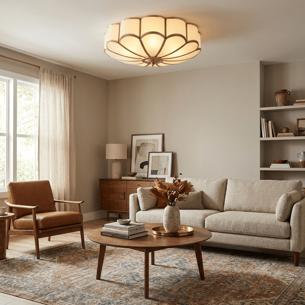 Plafondlamp Art Deco met Bloemblaadjes Kap en Messing Rand