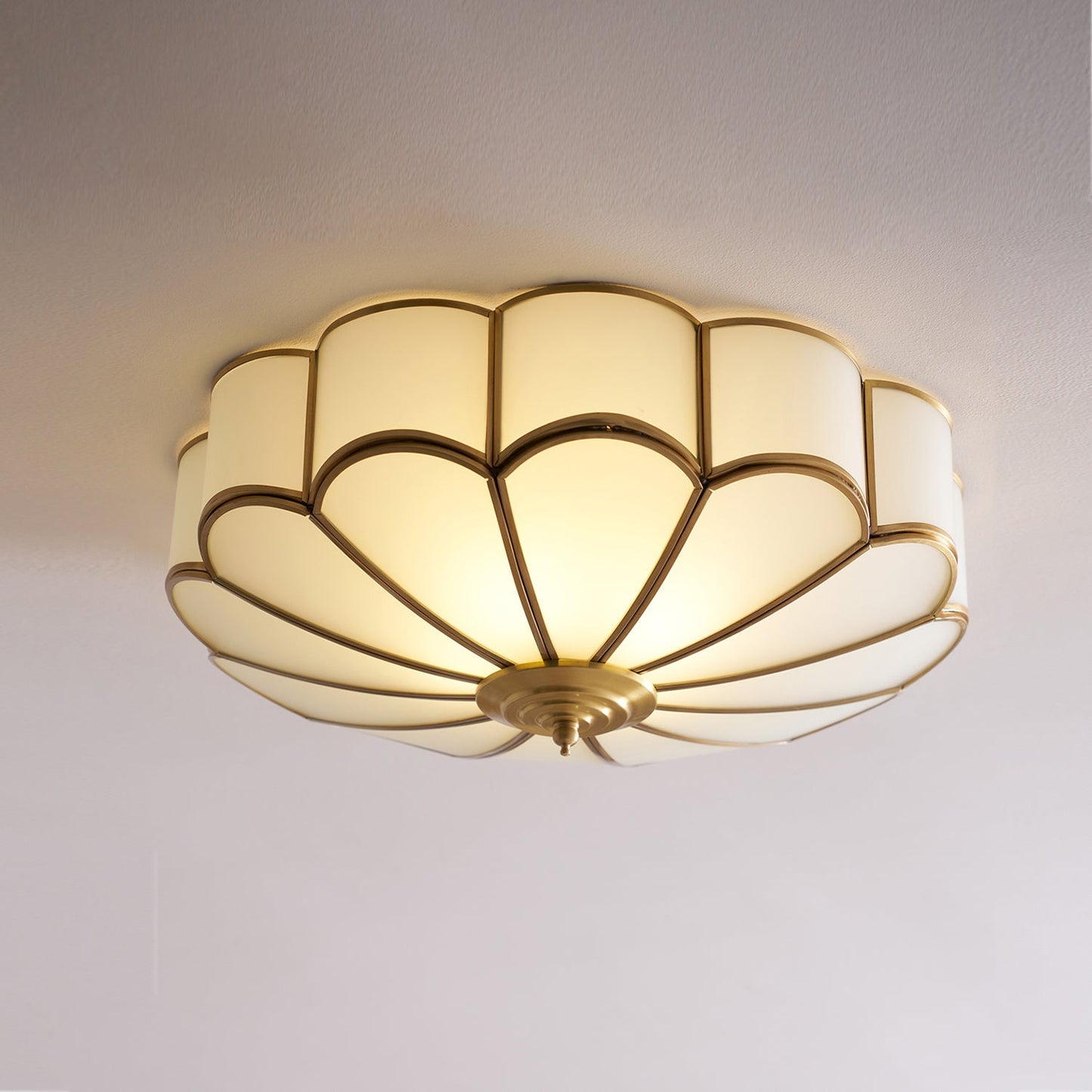 Plafondlamp Art Deco met Bloemblaadjes Kap en Messing Rand