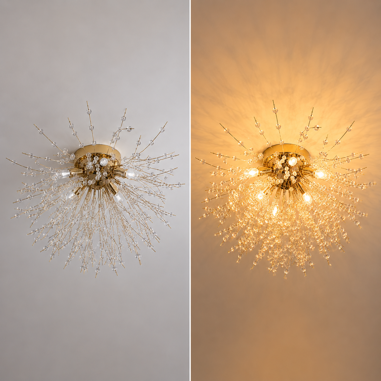 Plafondlamp Art Deco met Kristallen Takken en Vuurwerk Silhouet