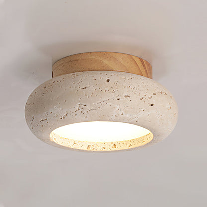 Plafondlamp Bohemian met Ronde Travertijn Kap en Houten Basis ##POS:12##
