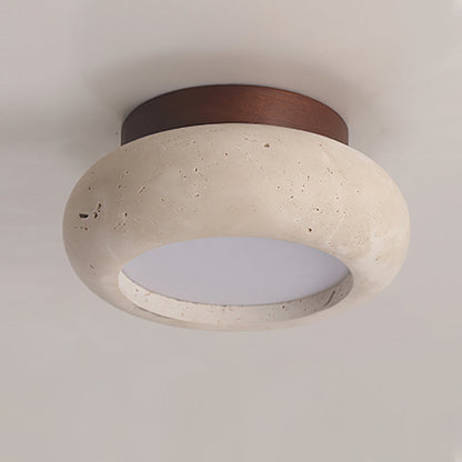 Plafondlamp Bohemian met Ronde Travertijn Kap en Houten Basis ##POS:15##