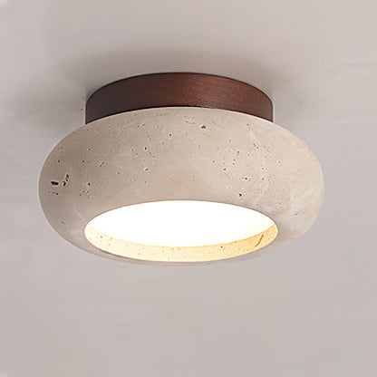 Plafondlamp Bohemian met Ronde Travertijn Kap en Houten Basis ##POS:19##