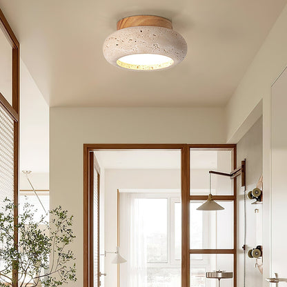 Plafondlamp Bohemian met Ronde Travertijn Kap en Houten Basis ##POS:7##