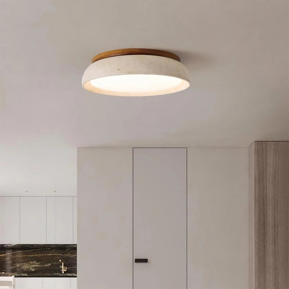 Plafondlamp Minimalistisch Rond met Travertijn Kap en Houten Rand