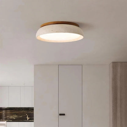 Plafondlamp Minimalistisch Rond met Travertijn Kap en Houten Rand
