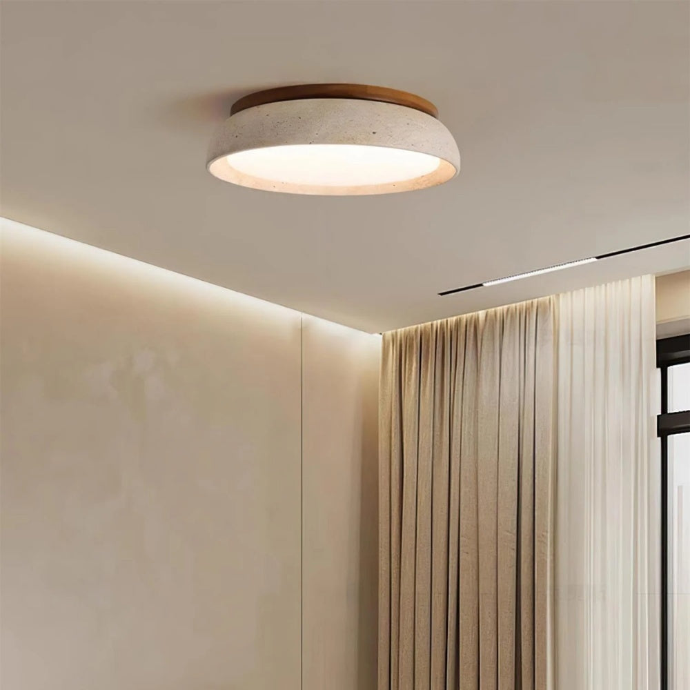 Plafondlamp Minimalistisch Rond met Travertijn Kap en Houten Rand