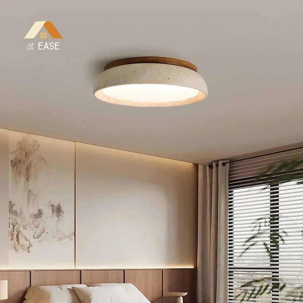 Plafondlamp Minimalistisch Rond met Travertijn Kap en Houten Rand