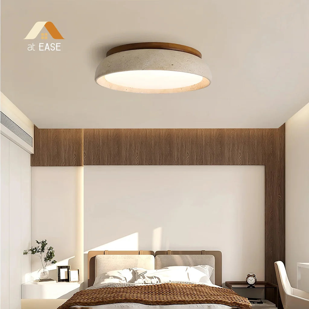 Plafondlamp Minimalistisch Rond met Travertijn Kap en Houten Rand