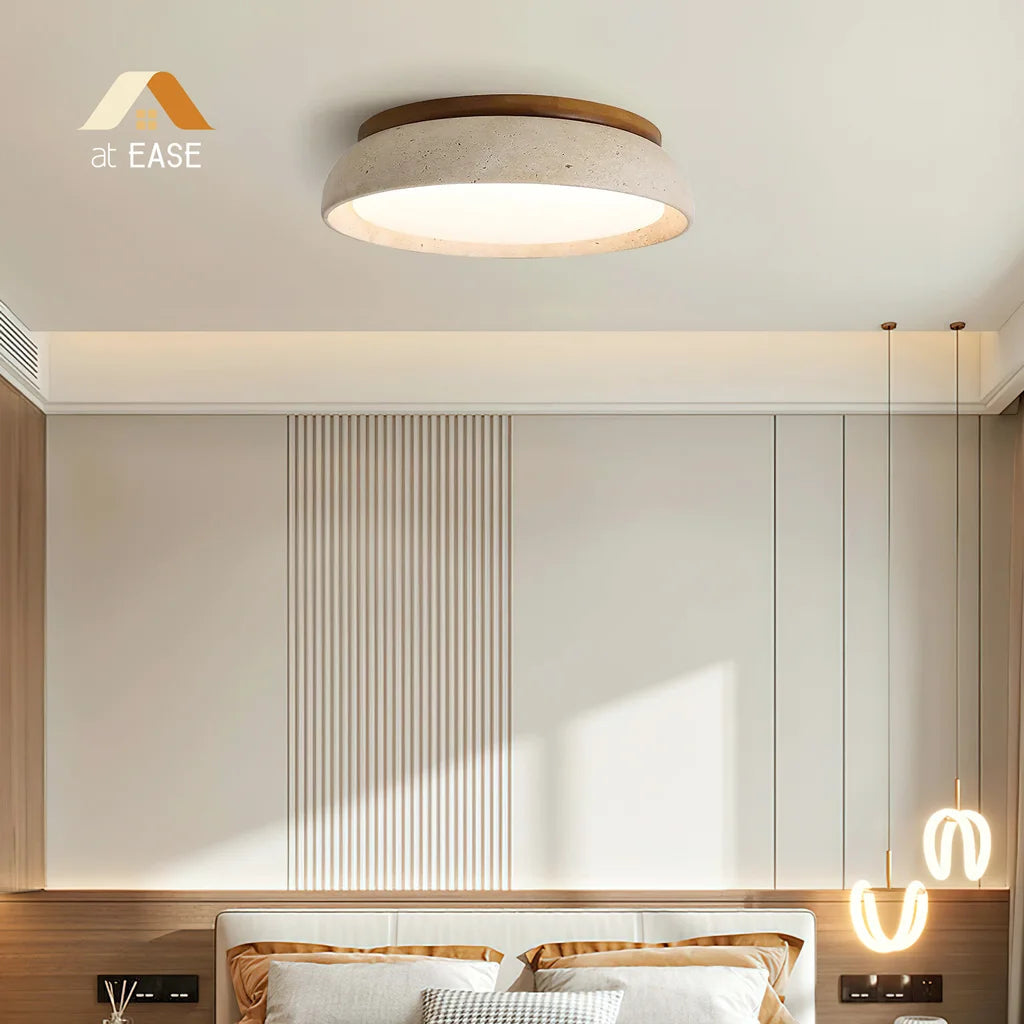 Plafondlamp Minimalistisch Rond met Travertijn Kap en Houten Rand