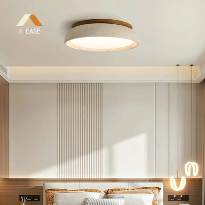 Plafondlamp Minimalistisch Rond met Travertijn Kap en Houten Rand